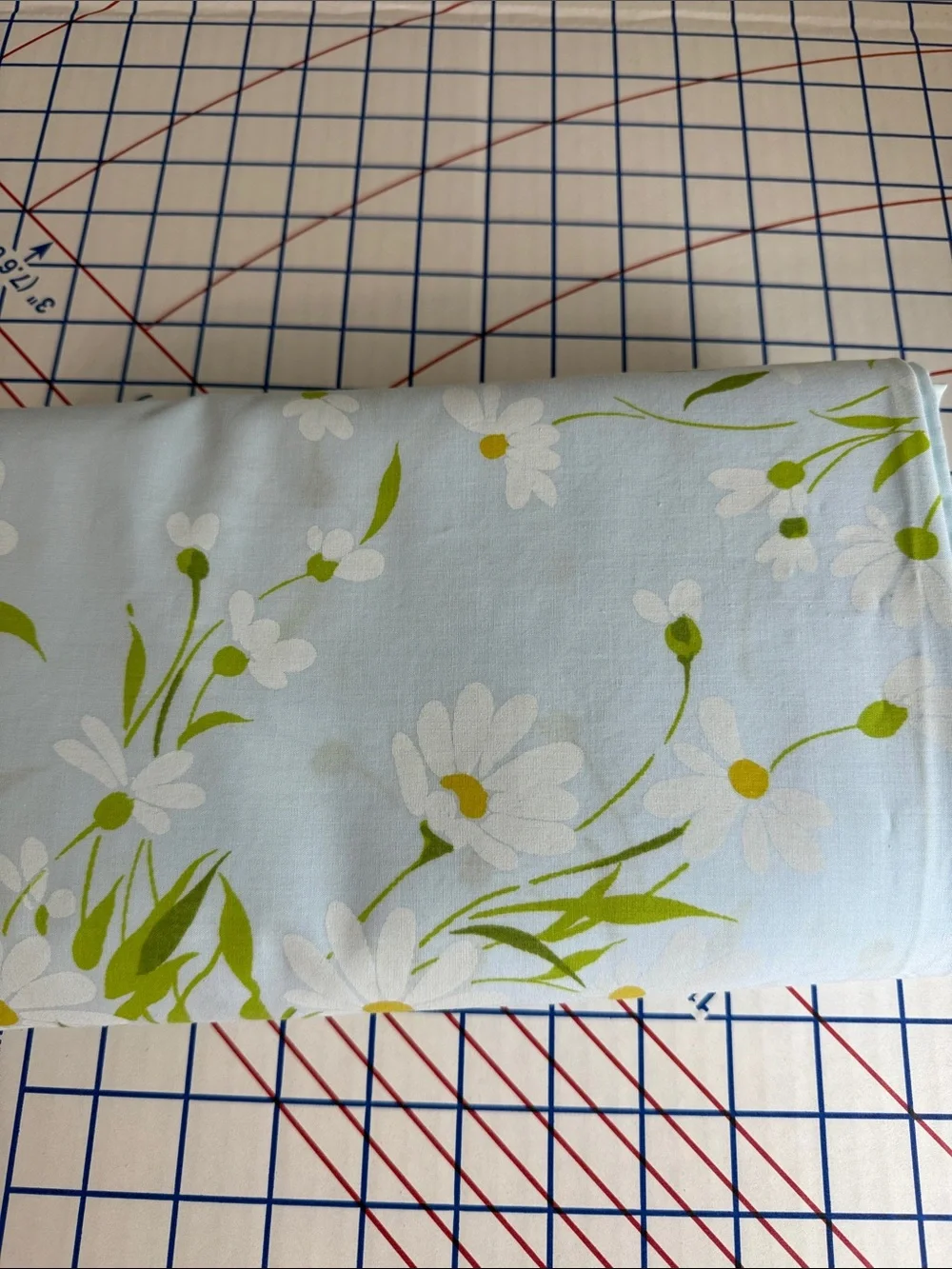 Vintage Morgan Jones Daisy Floral Flat Sheet Fabric 1970s Blue White No Iron